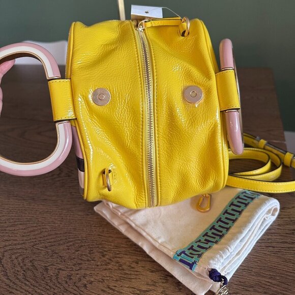 NEW! NWT! Tory Burch Half Moon Strip Mini Satchel Boston  -Yellow Leather Women - Picture 12 of 16